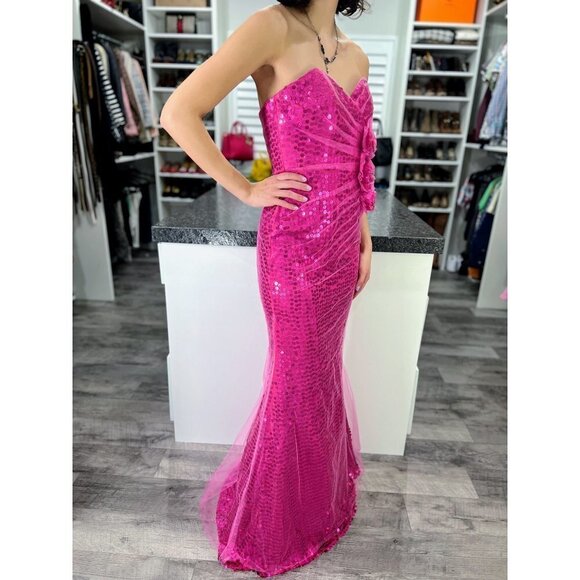 Jovani Magenta Pink Sequined Mesh Strapless Barbiecore Formal Gown $395 - Picture 9 of 12